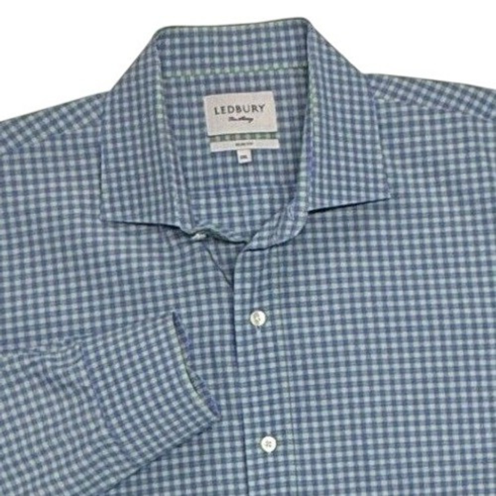 Ledbury‎ Shirt Mens XXL Blue Green Gingham Plaid Slim Fit Long Sleeve Button Up